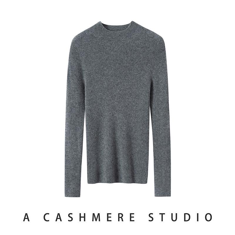 Women's Slimming Pure Cashmere Ribbed Pullover Sweater - Solid Color, Half-High Neck Knitwear
