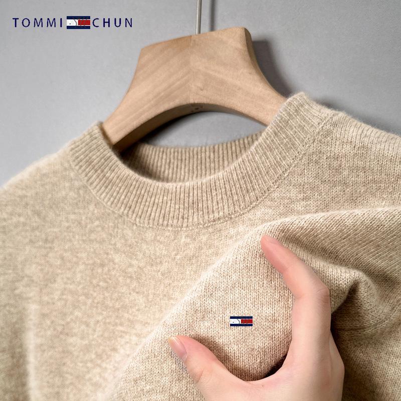 Men's American Tommy Wool Round Neck Thickened Cashmere Sweater - Casual Solid Color Knit Pullover