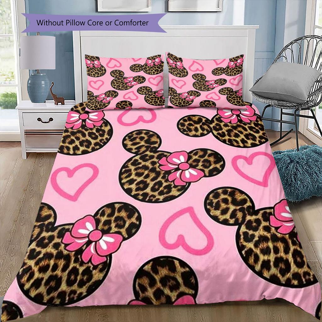 Sweet and Cool Leopard Print Minnie Mouse Themed Bedding Set, A Comfortable Choice for Decorating A Child's Bedroom.