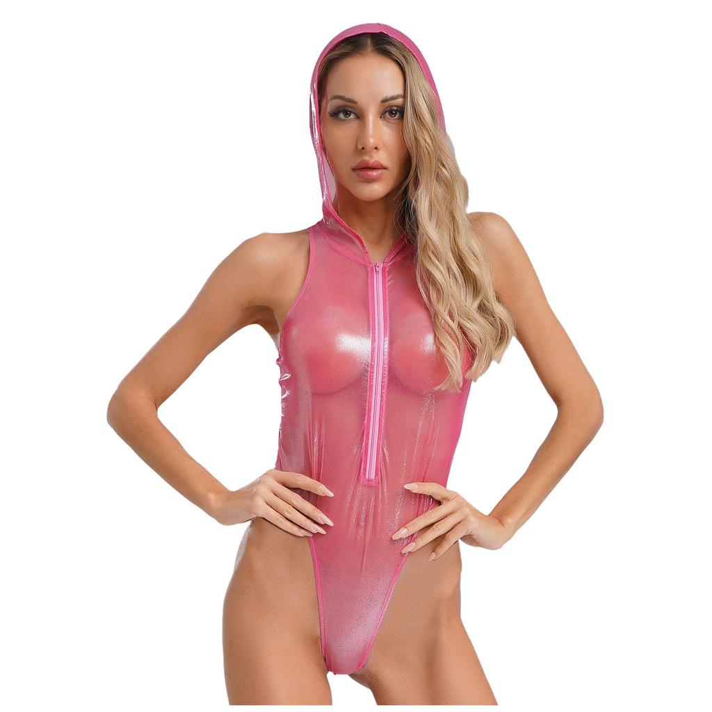 Women Sheer Lingerie Bodysuit Hooded Sleeveless Design Front Zipper Closure Glitter Jumpsuit for Role Play Club
