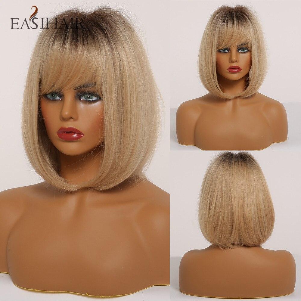 EASIHAIR Perucas de cabelo natural Bob, laranja, marrom, liso, bob, perucas sintéticas, perucas de cabelo de fibra resistente ao calor, perucas de cosplay para festa diária