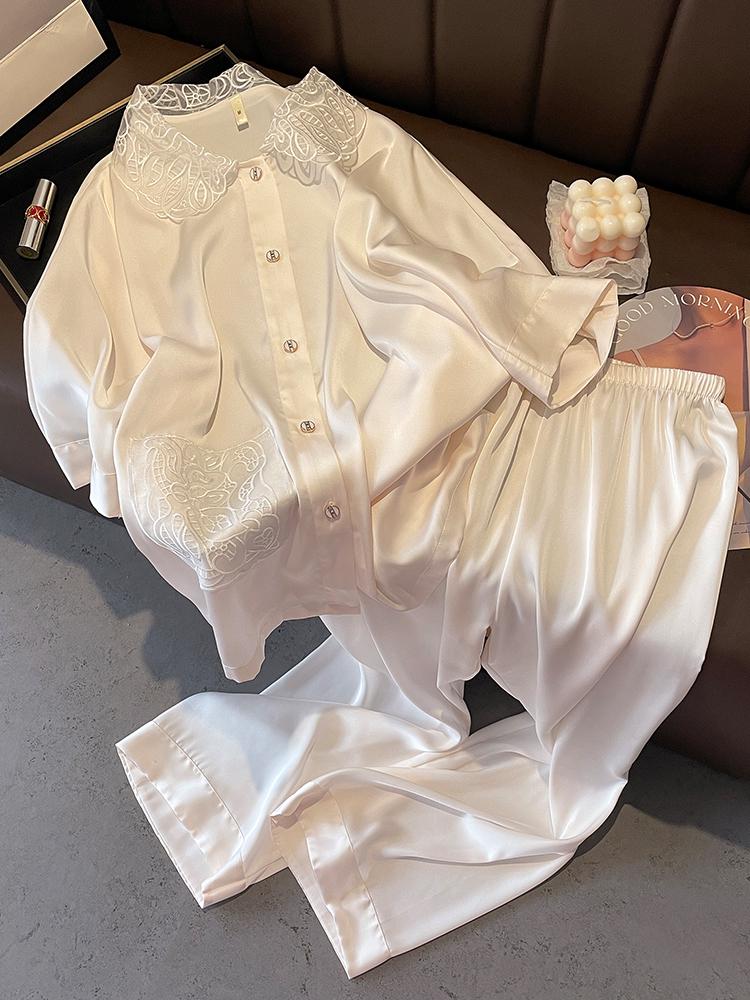 Pigiama da donna in seta: Primavera/Autunno, Colore Unito, Manica a 7/4, Collo di Pizzo, Pantaloni Lunghi, Seta di Gelso, Stile Leggero Estivo.