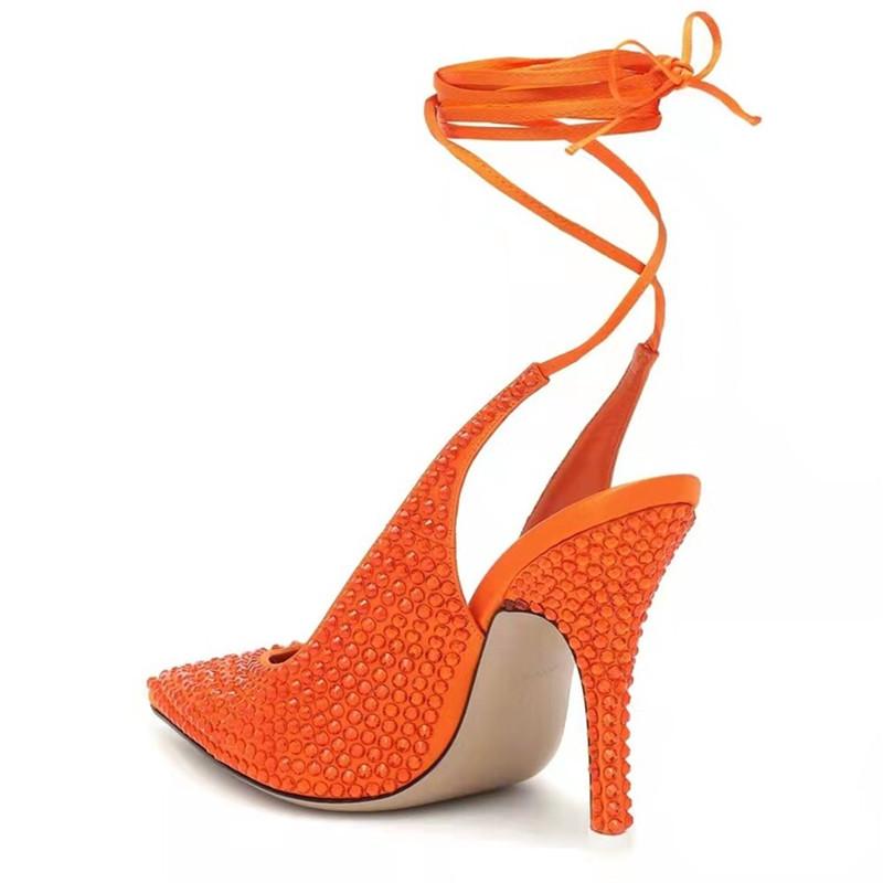 Fashion Summer Rhinestone 10cm High Heel Sandals Women Party Wedding Bride Shoes Large 34-43 Red Orange Blue Satin Banquet Female Shoes