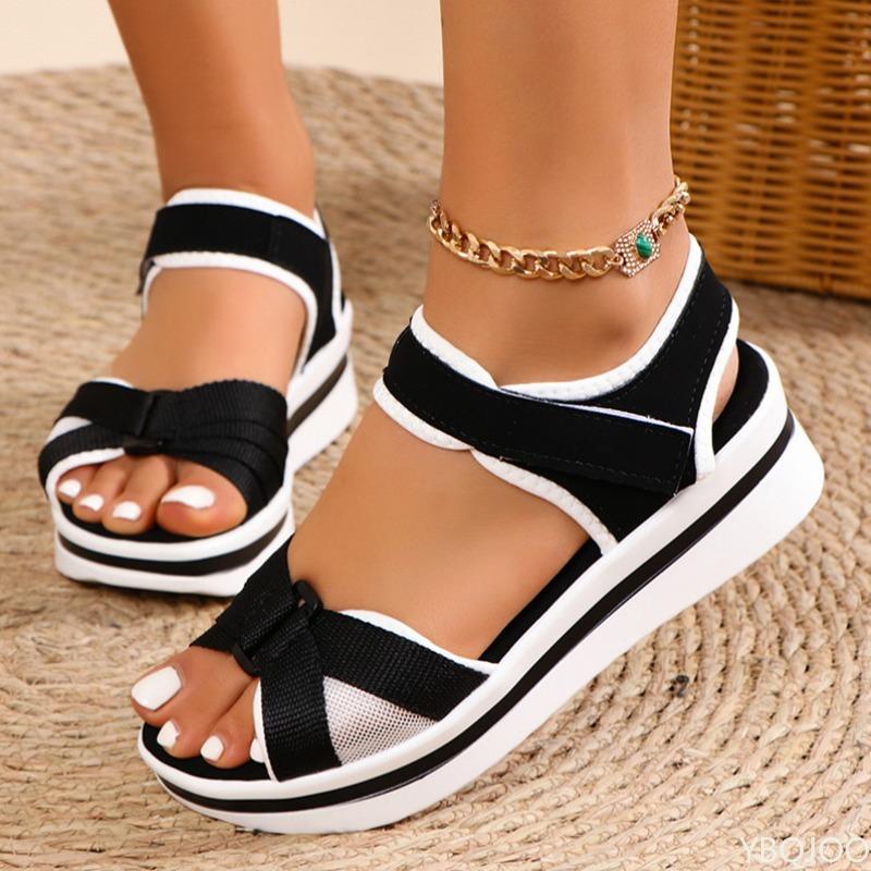 Fashion European American Thick Bottom Color Blocked Women's Sandals New Summer Large Comfortable Casual Slope Heel Design Sandals Women