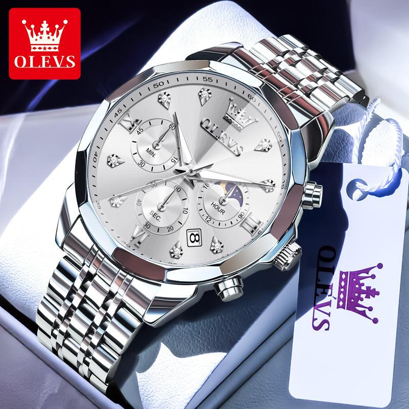 

OLEVS Мужские часы многофункциональные кварцевые часы с хронографом водонепроницаемые светящиеся часы с фазами Луны мужские подарки белый/серебряный