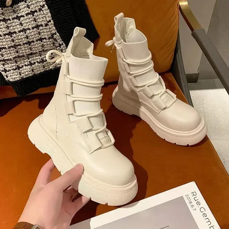 New Fashionable and Versatile Elastic Knitted Short Boots for Women, Thick Soled and Height Increasing Lace Up Short Boots