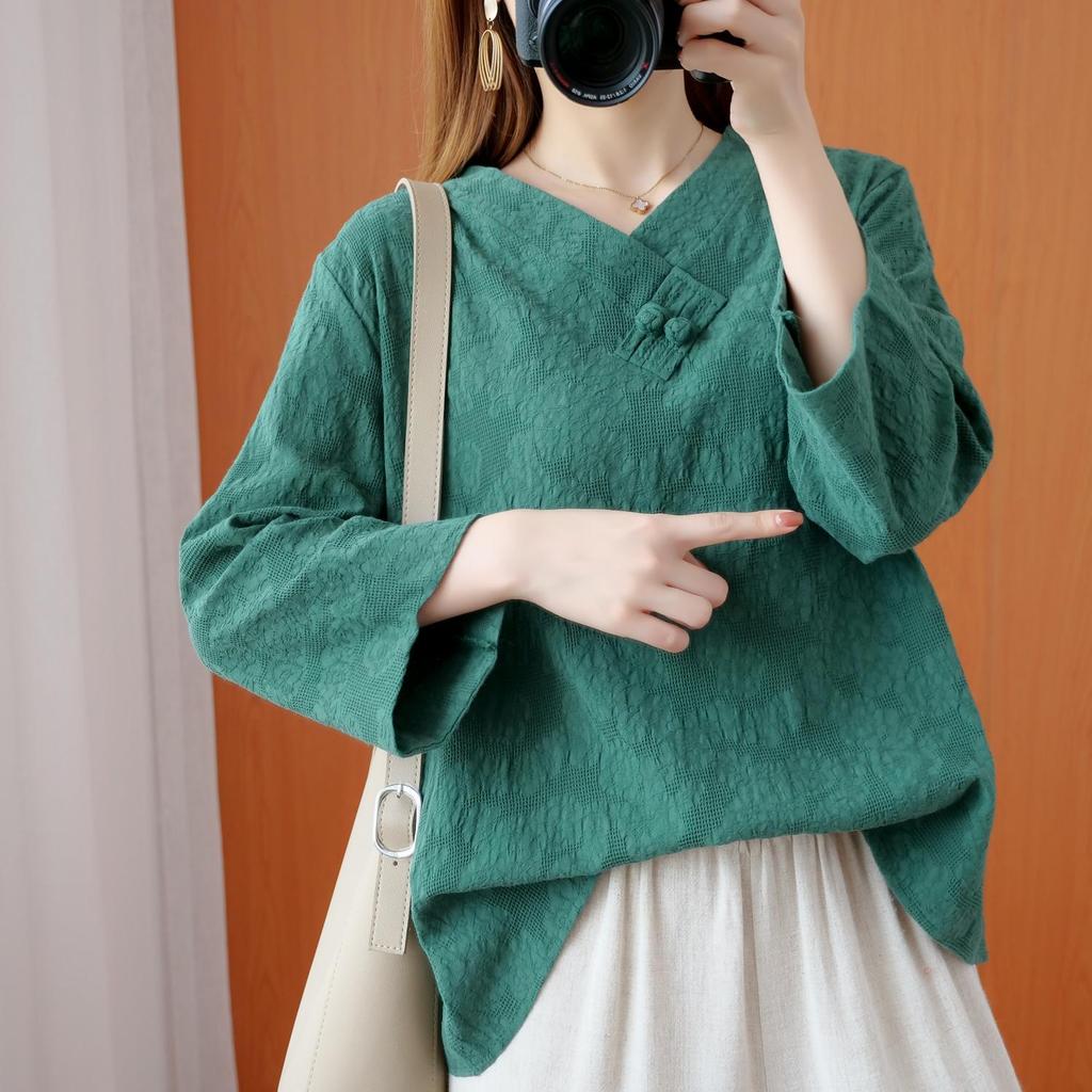 Clothes for Women Chinese Style Vintage Jacquard Elegant Cotton Linen Blouse Ladies O Neck Long Sleeve Loose Irregular Chic Tops