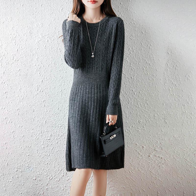 Women's Pure Wool Pleated Sweater Dress with Slimming Waist
