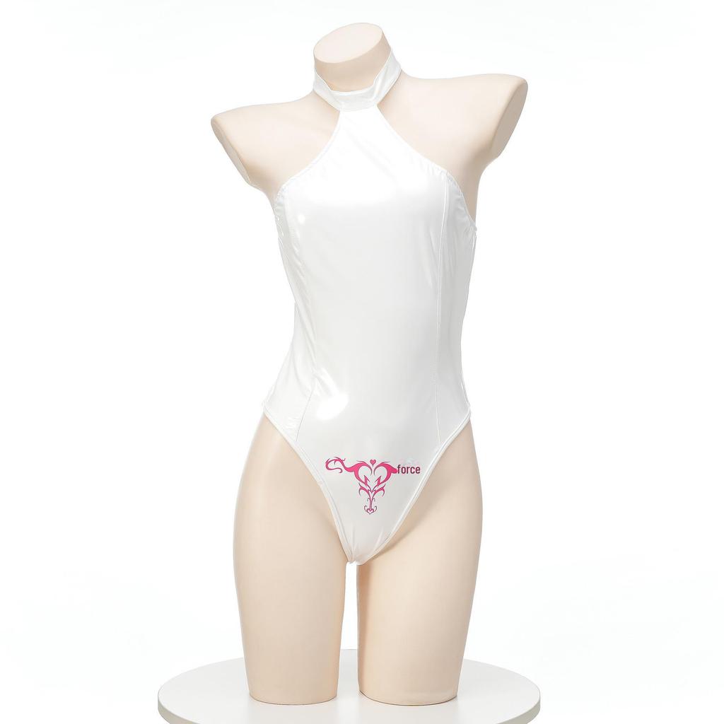 "Stylish Patent Leather Halter Neck Swimsuit - Backless, Slim Fit, Unique Print, C2051"