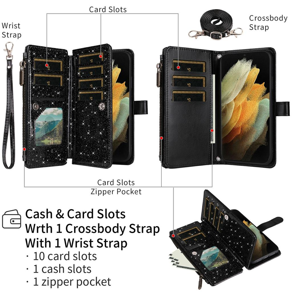 ASUWISH For Samsung Galaxy A54 5G Case 10 Card Holder Glitter Leather Phone Cover with Crossbody Strap