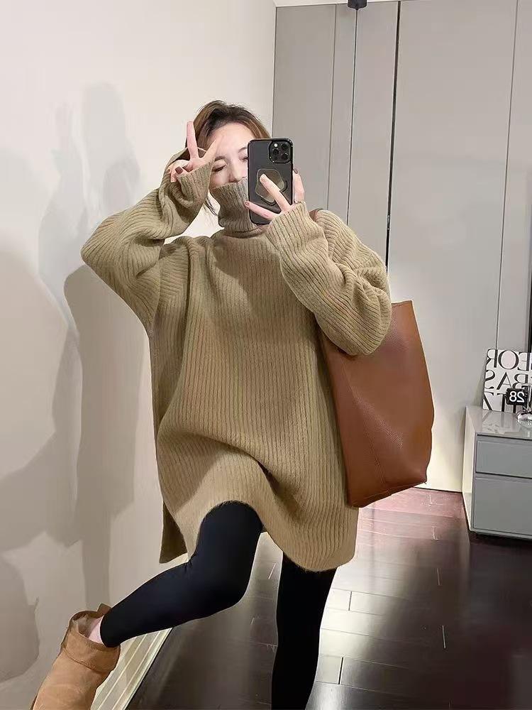 New solid color simple turtleneck hem slit thick pullover sweater for women, warm layered knit sweater