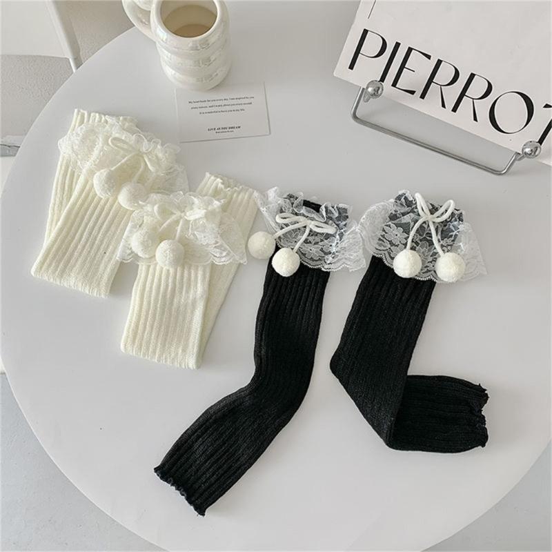 Lolitas Plush Ball Ruffle Frilly Leg Warmers Knitted Leg Sleeves Goth Crochet Ankle Heap Socks JK Uniform Foot Cover