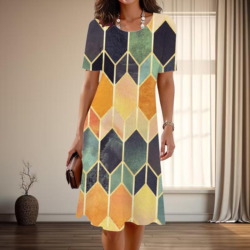 Women's Fashion Graceful Simple Grid Print Summer Spring Short Sleeve O-Neck Casual Dresses
