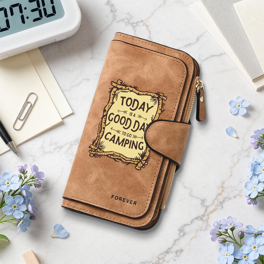 Women Camping Theme Long Wallet Casual Portable Multi Card Slot Purse Fashion Daily Use Clutch