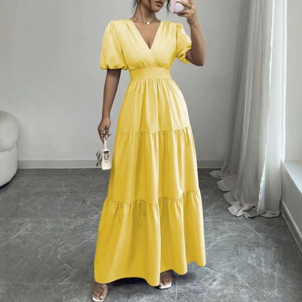 European and American Cross-border Foreign Trade New Women's Clothing Elegant Splicing Skirt Solid Color Short Sleeve High Waist Long Dress Dress 