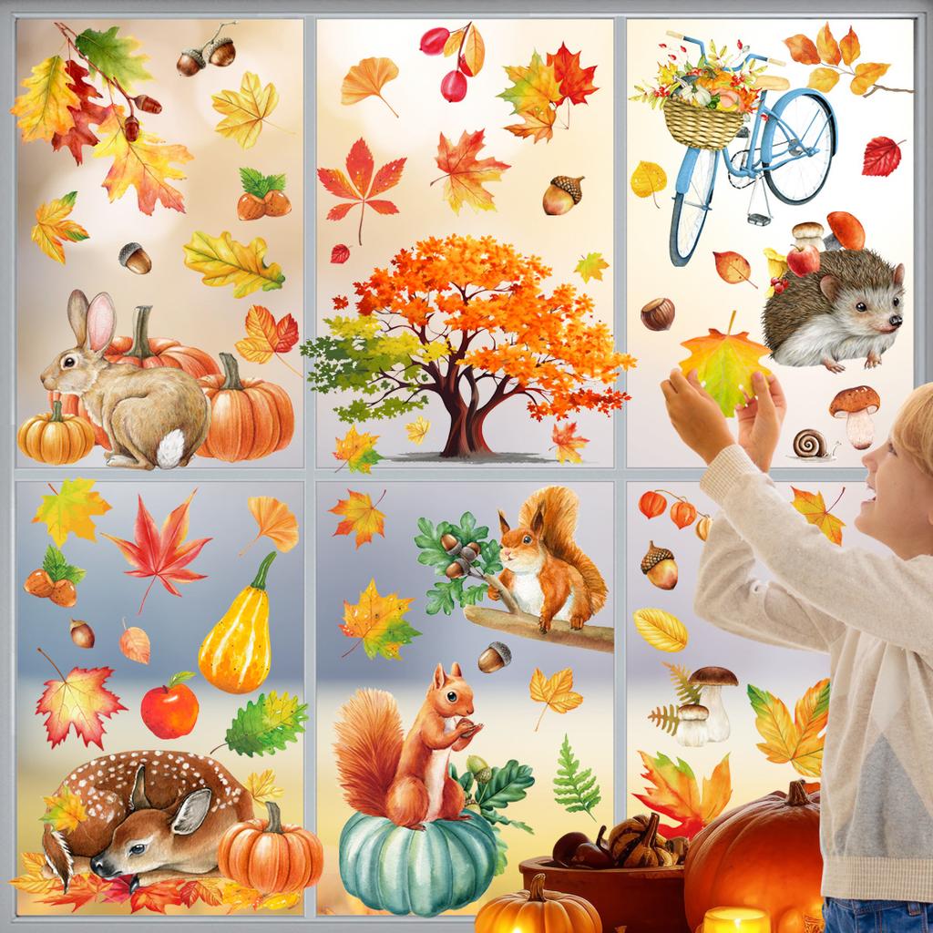 Autumn fallen leaves simulated maple leaf pumpkin bicycle rabbit electrostatic stickers Thanksgiving day