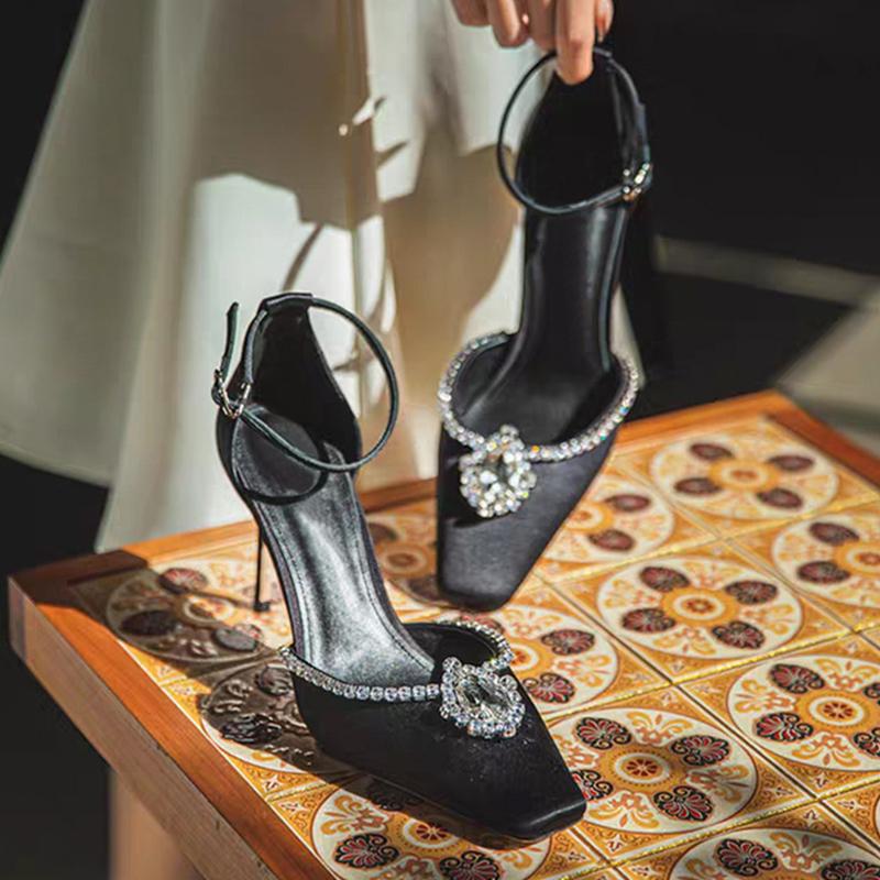 Fashion Liyke Designer Crystal Rhinestone Women's Pumps Silk Square Toe Slingback Sandals White High Heels Stilettos Wedding Prom Shoes