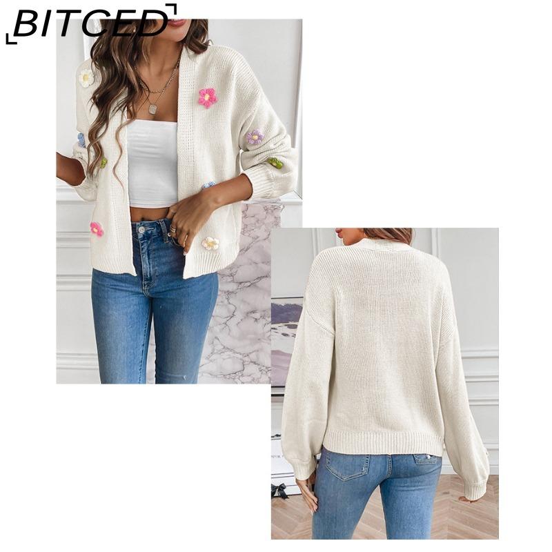 BITCED Hand-Crocheted Floral Sweet Knit Cardigan Sweater Jacket for Women Lazy-Chic Style Casual Oversized Knitwear