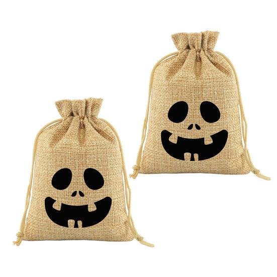 Party Favor Bags with Handles 2 Pcs Halloween Burlap Gift Drawstring, Trick or Treat Kids Activity Supplies Candy Pouch, Reusable Goodies Bag