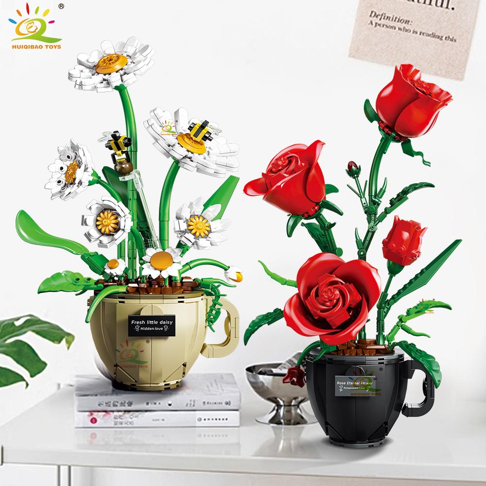 Flower Orchid Rose Daisy Coffee Cup Potted Building Blocks Bouquet MOC Bricks Toys DIY Home Desk Plant Decoration