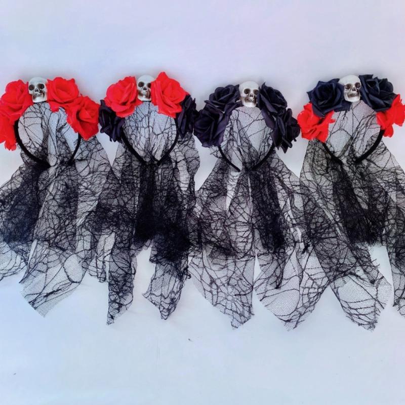 Rose Witch Costume Hair Hoop Gothic Dark Flower Skull Hair Styling for Live Show Headband Gothic Carnivals