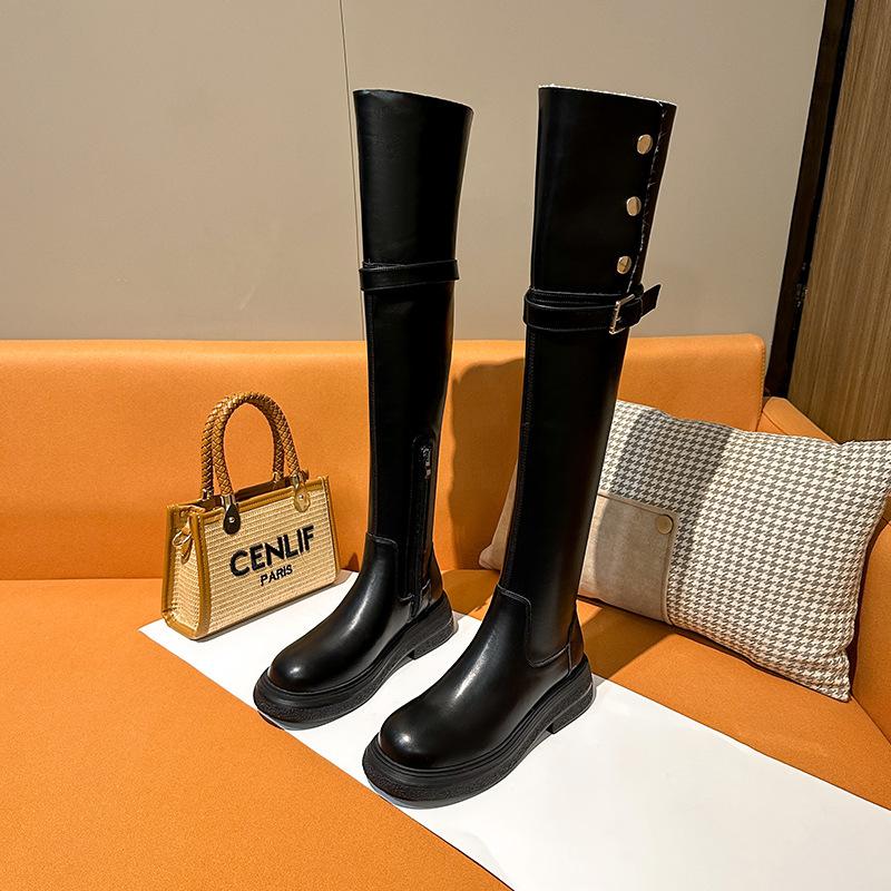 Leather over-knee boots Tall women's winter new flat-bottomed boots Fleece leather boots