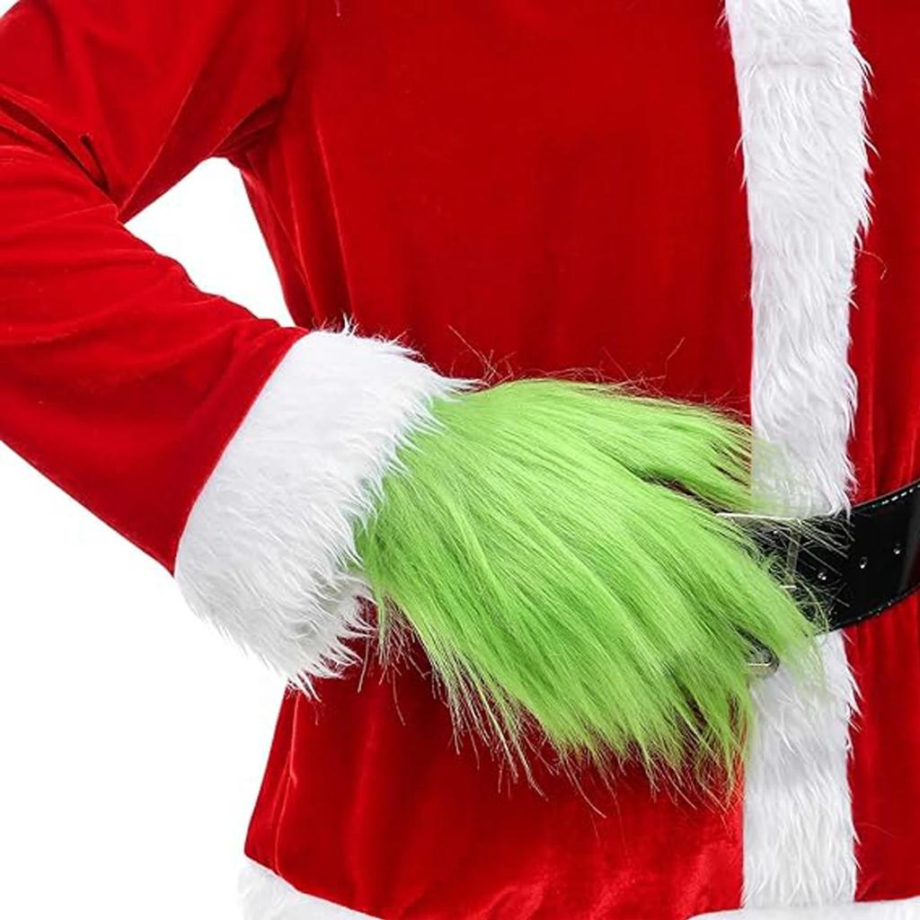 Monster Santa Costume Set - Green Beard, Furry Hat & Gloves For Halloween & Christmas Cosplay, Carnival Party Accessories