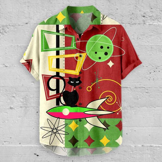 Men Beach Shirt 3D Cartoon Print Color Matching Short Sleeves Single-breasted Cardigan Beachwear Loose Turn-down Collar Summer Vacation Shirt