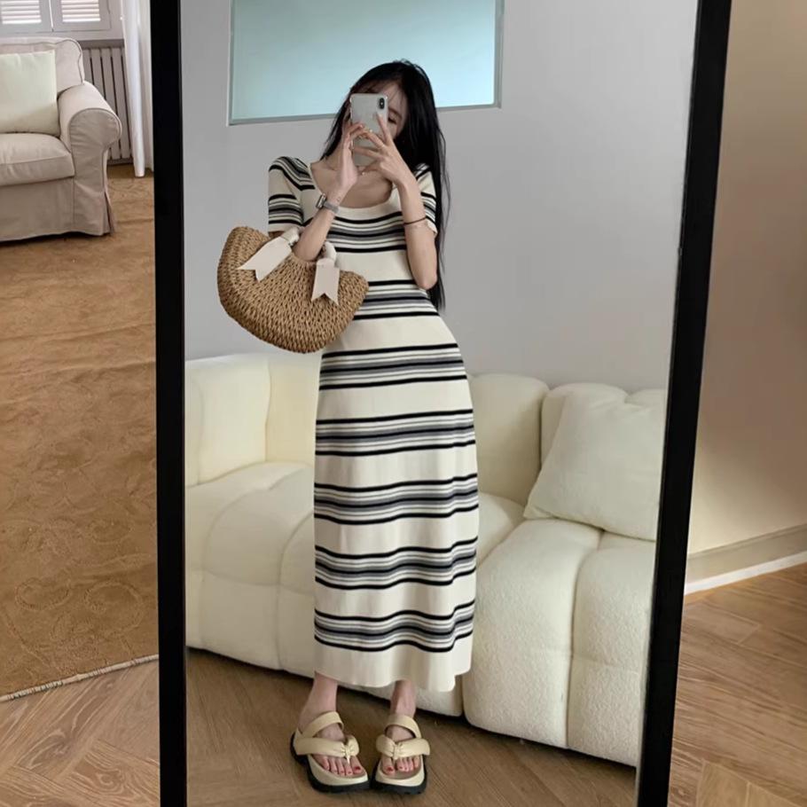 Women's French Retro Square Neck Striped Maxi Dress for Summer Vacation