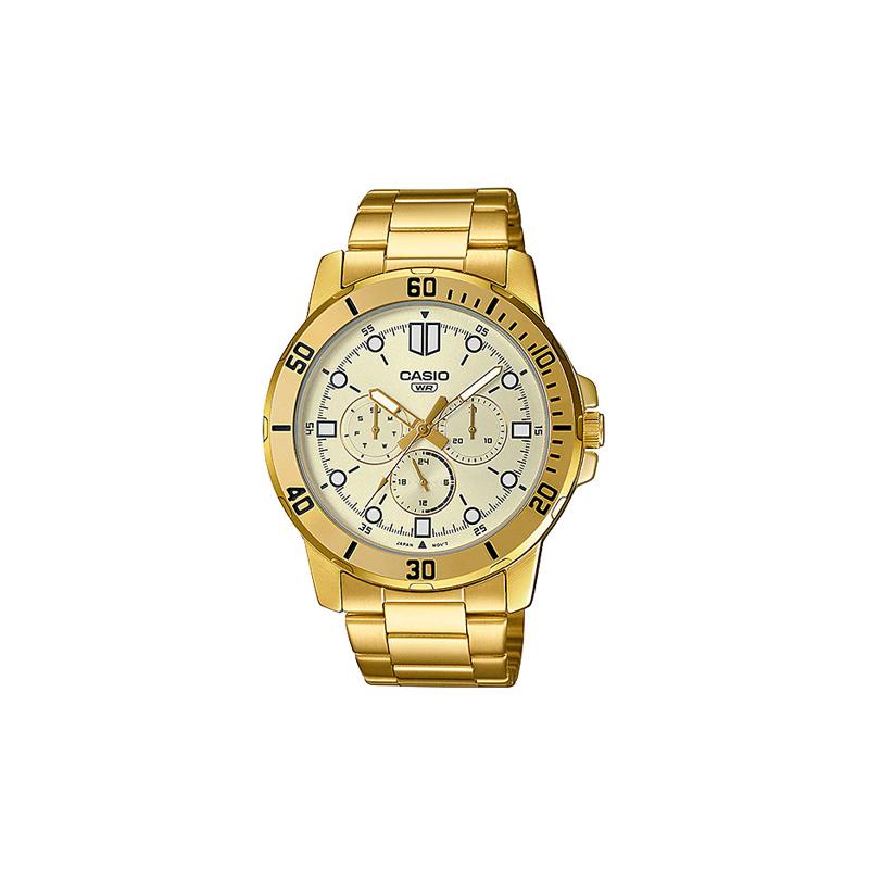 

Casio CASIOSTANDARD series fashion trend business retro classic three-eye six-pin gold plate waterproof quartz movement stainless MTP-VD300G-9EUDF золотой