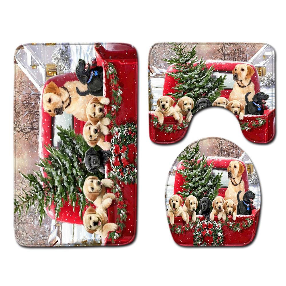 Christmas Shower Curtain Floor Mat Combination Four-Piece Set Bathroom Toilet Carpet Shower Room Mat Foot Mat