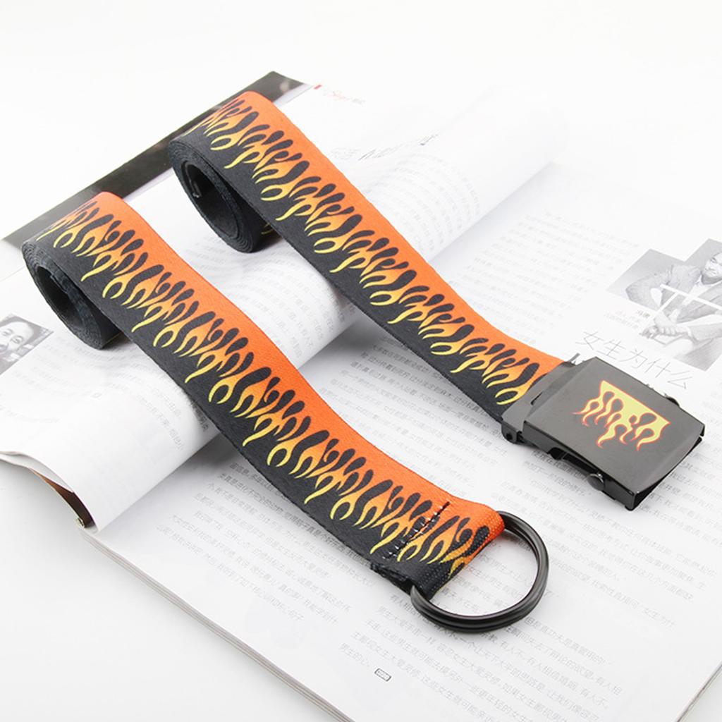Hip Hop Style Flame Pattern Belt With Metal Buckles Durable Weave Fabric Adjustable Waist Strap For Punk Fashion Enthusiasts