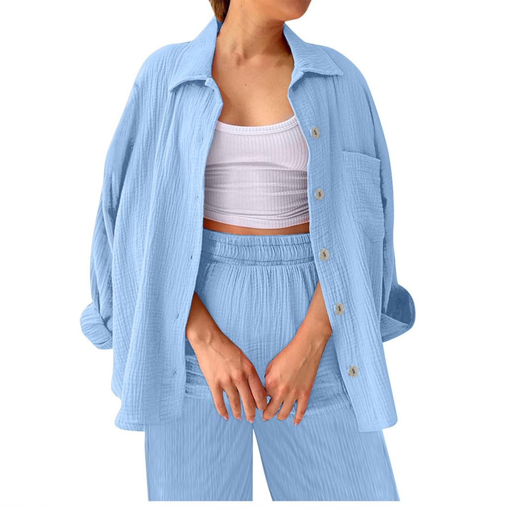 Wrinkled Fabric Women Long Sleeve Shirt Collar Button Down Shirt High Waist Drawstring Shorts Plus Size Casual Two Piece Set
