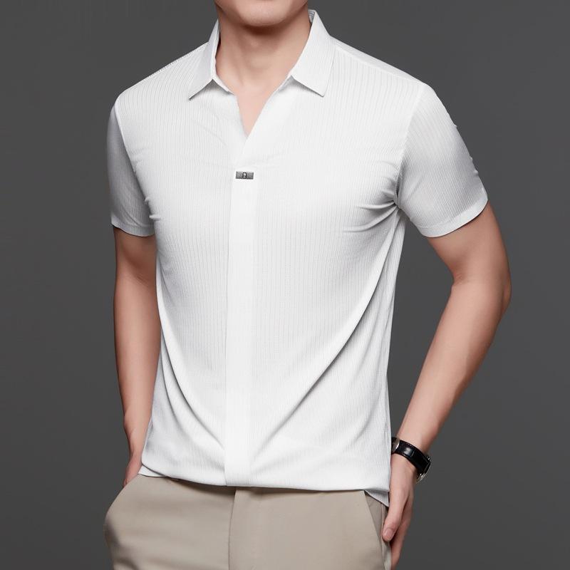 Premium Thin Short Sleeve V-Neck Casual Breathable Skin-Friendly Business Loose Polo Shirt Men'S Clothing