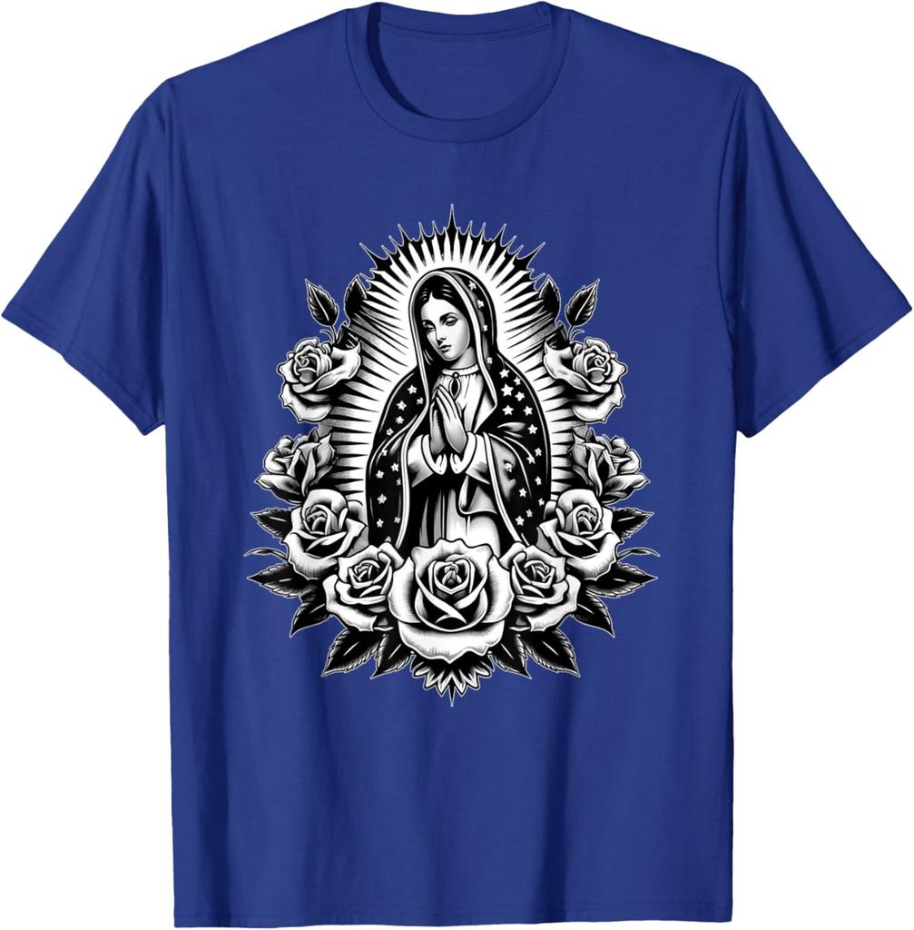 Virgin Mary Guadalupe Roses Graphic T-Shirt Religious Catholic Virginita Floral Print Tee Men Casual
