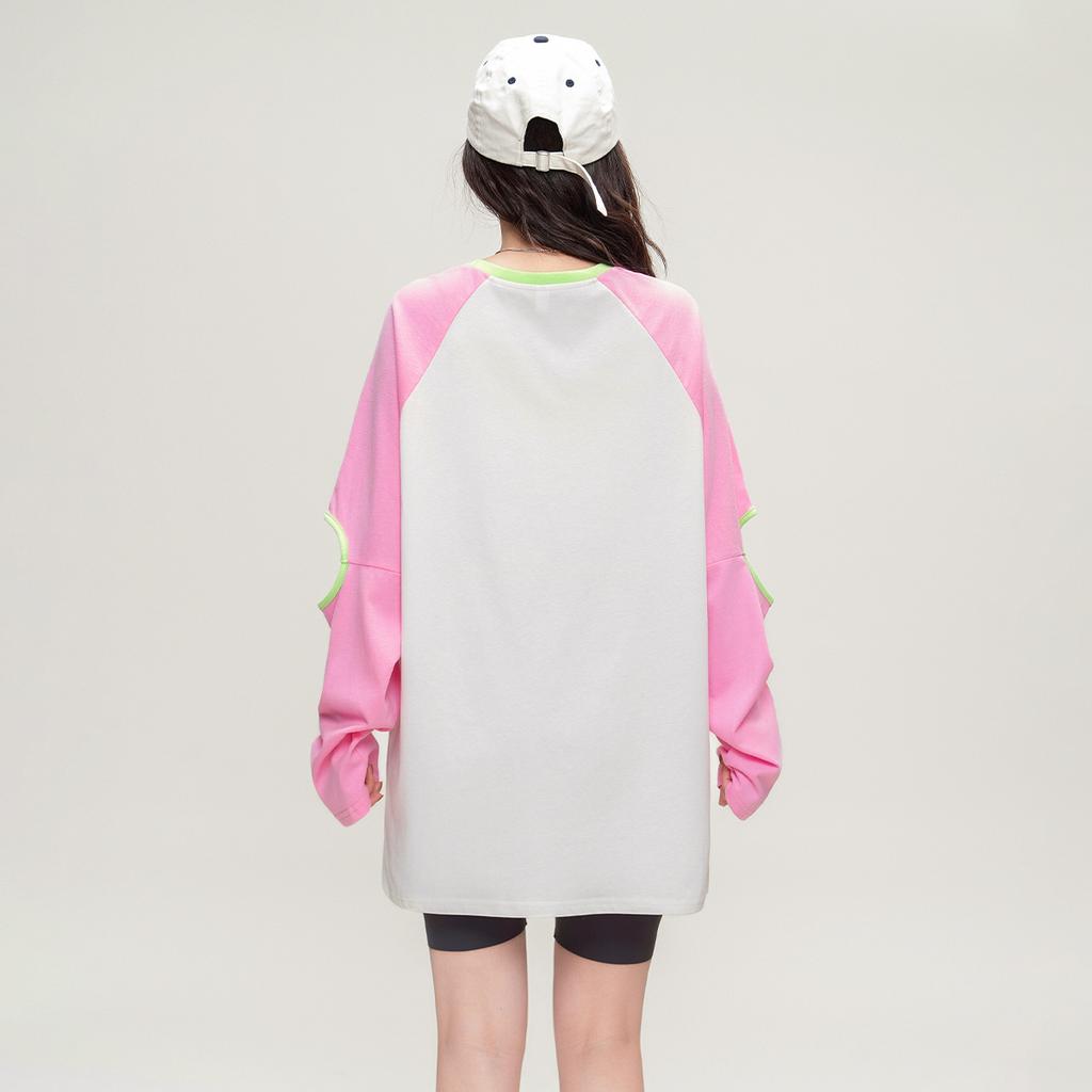 Hollow out design: Spring and Autumn fashion raglan sleeves contrasting color round neck T-shirt cool and cool casual loose top