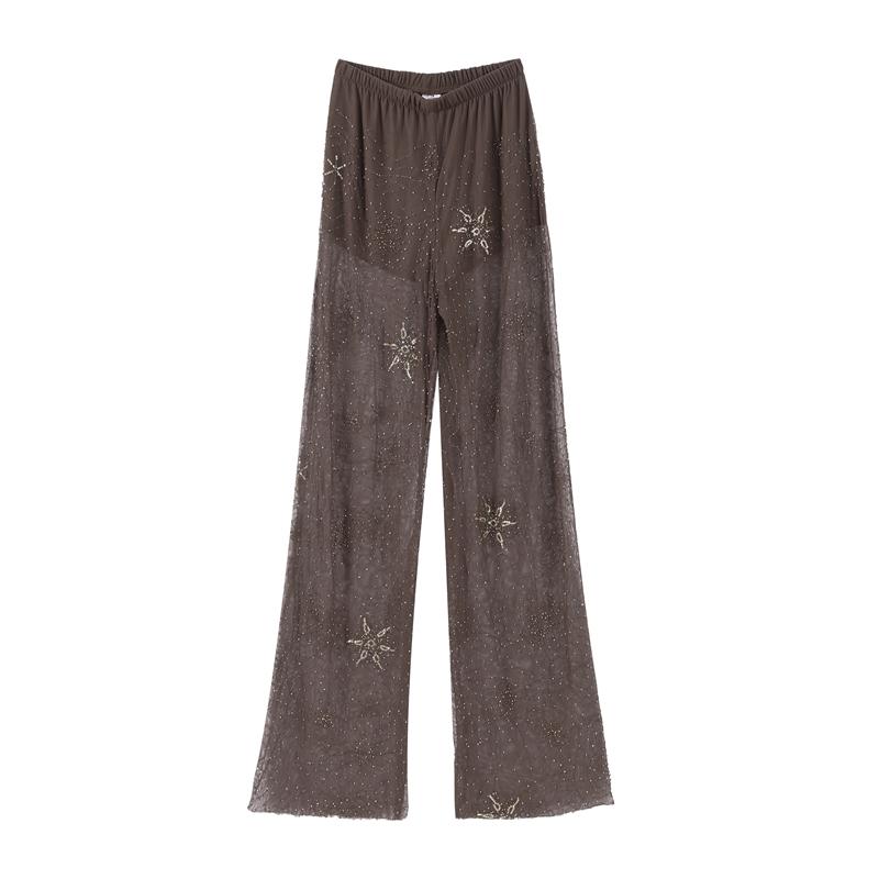

Брюки с вышивкой из бисера и яркими бриллиантами, женские эластичные брюки с прямыми штанинами и прозрачными вставками, летние повседневные тонкие брюки 2025 L коричневый