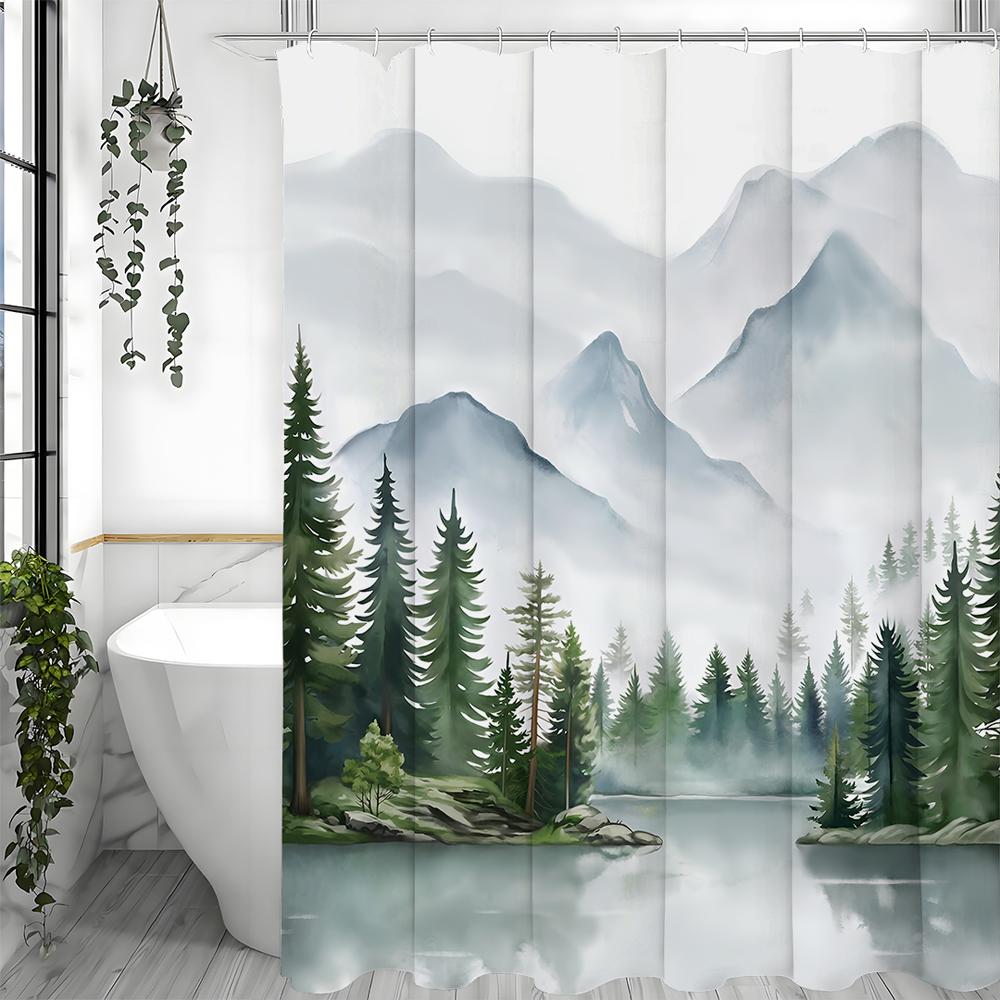 Watercolor Landscape Shower Curtain, Bathroom Decorative Shower Curtain, Waterproof Shower Curtain with Hooks