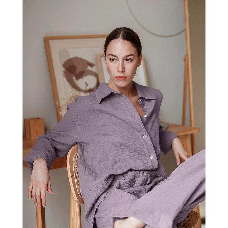 

Fashion Long Sleeves Double-Layer Gauze Loose Shirt Pants Suit Baggy Shirt Long Pants Suit Purple L