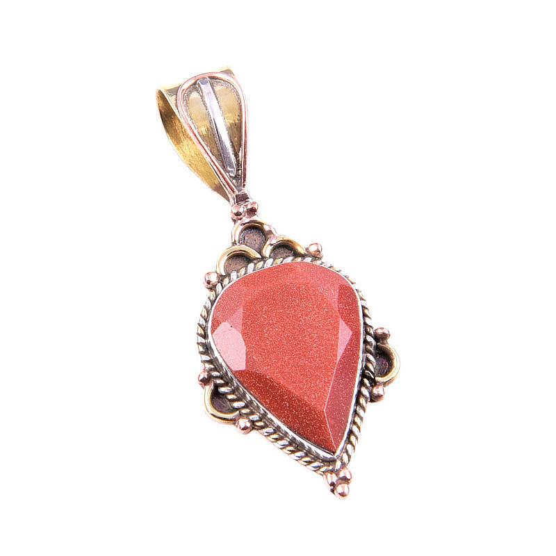 Natural Sunstone Gemstone 925 Solid Sterling Silver Two Tone Pendant 1.5" q8K68
