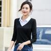 Damen Frühling und Herbst Übergröße T-Shirt Trendig Neu Fake Zweiteiler Langarm Schwarz und Weiß Gefüttert Koreanischer Stil Oberteil Unterhemd
