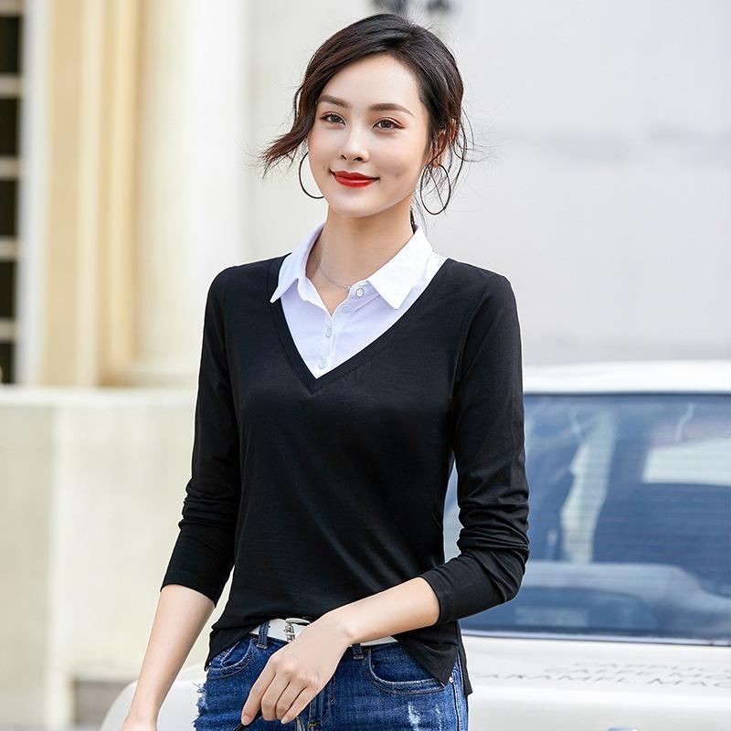 Dámské jarní a podzimní tričko ve velkých velikostech, trendy nové falešné dvoudílné s dlouhým rukávem, černé a bílé podšité, korejský styl, top, spodní tričko