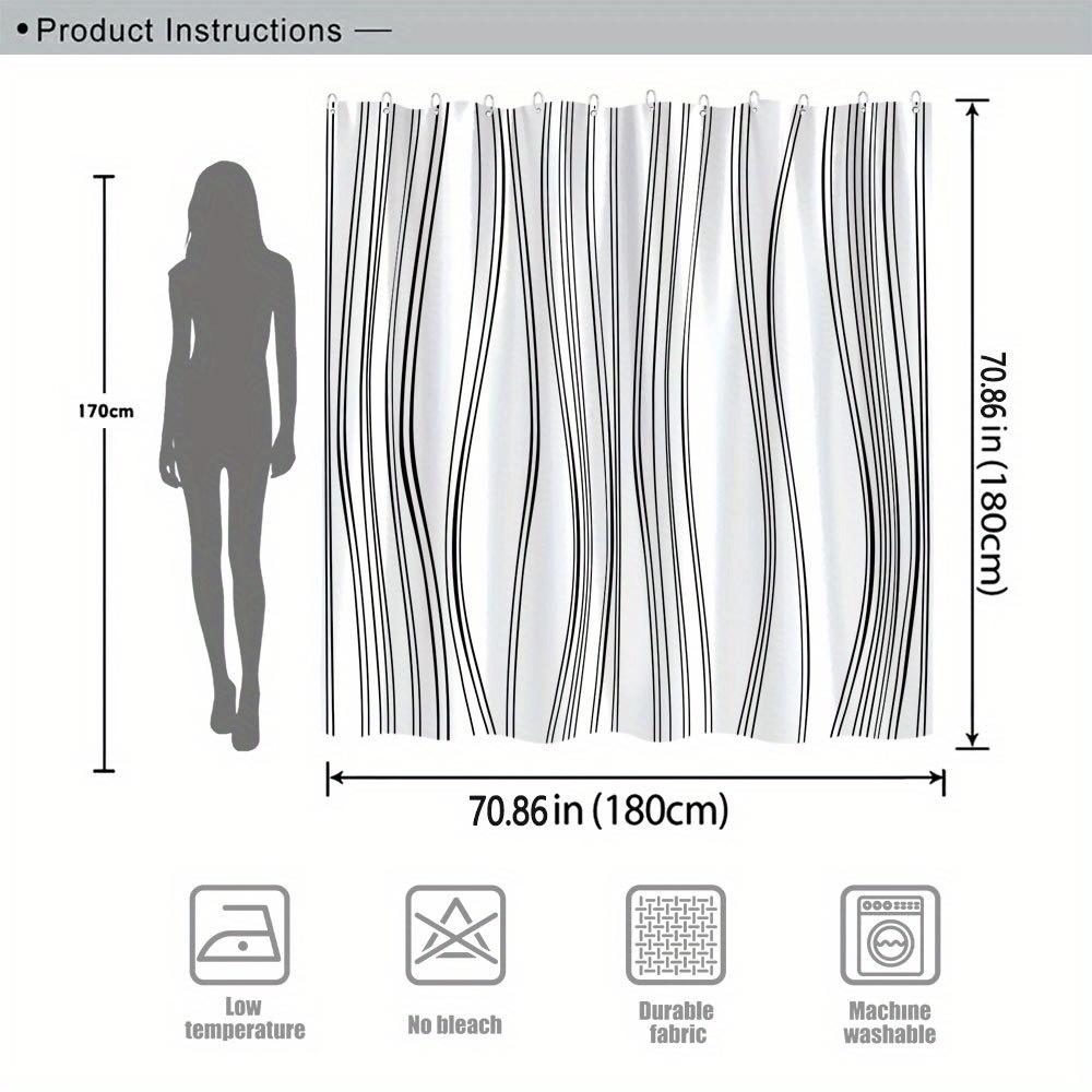 Contemporary Calligraphy Design Shower Curtain - Black & White Wavy Lines | Polyester Fabric, Includes 12 Hooks, 70x70 Inch