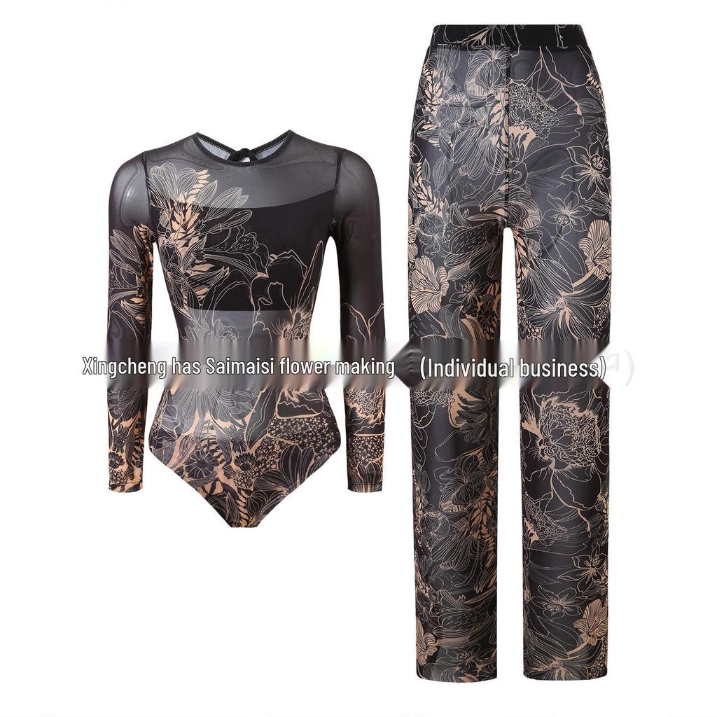 Costume da bagno intero da donna a maniche lunghe in rete con protezione solare e pantaloni