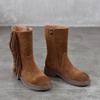 Johnature Retro Tassel Mid Heeled Women's Boots Genuine Leather Round Toe Versatile Mid-calf Boots