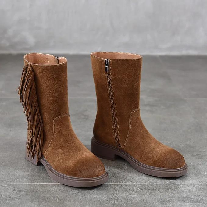 Johnature Retro Tassel Mid Heeled Women's Boots Genuine Leather Round Toe Versatile Mid-calf Boots