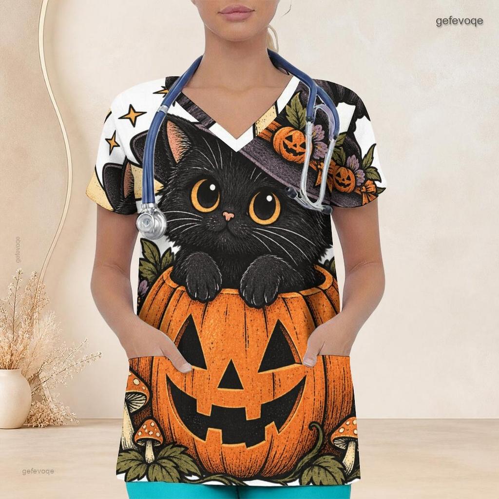 Women Plus Size V Neck Short Sleeve Scrub Top Black Cat Witch Hat Pumpkin Mushroom Halloween Print Nurse Uniform Top