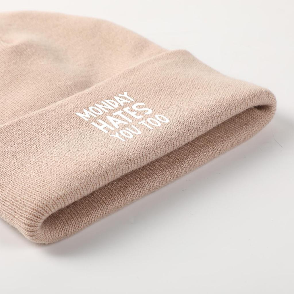 MONDAY HATES YOU TOO" Warm Knit Cap Beanie, White Text Man Cap Stretchy Candy Color Solid Color Gorro Knitted Hat Beanie
