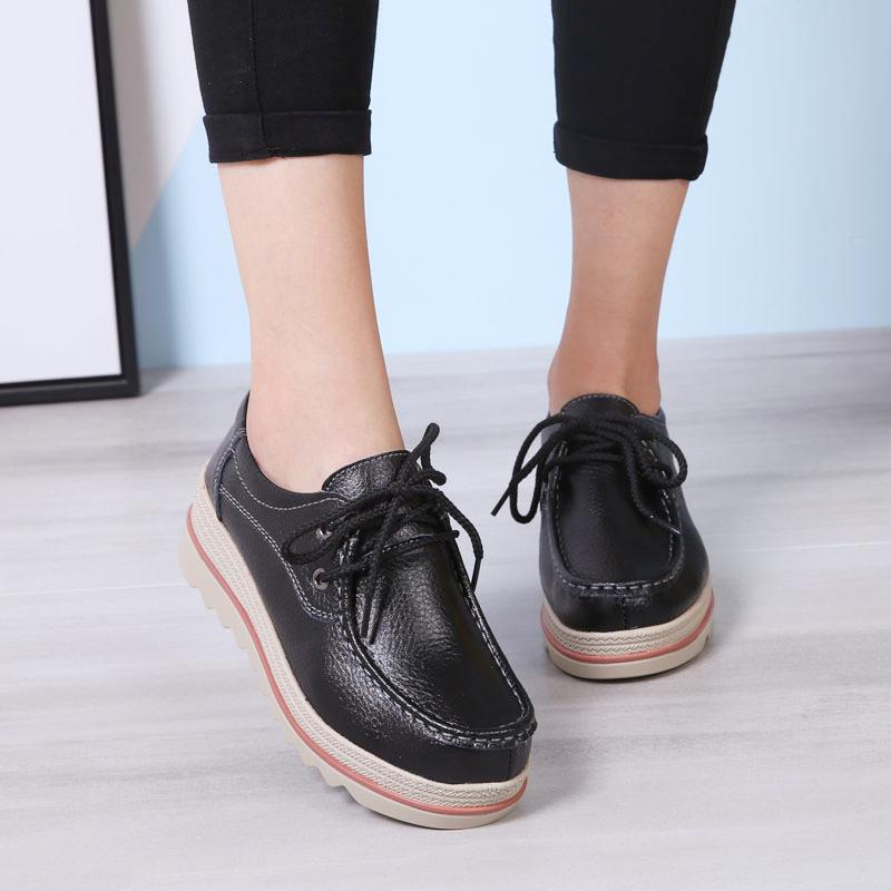 Damen Blaue Slipper Einfache Damen Plateau Creepers Lässig Slip-on Dicke Sohle Elevator Lederschuhe Übergröße