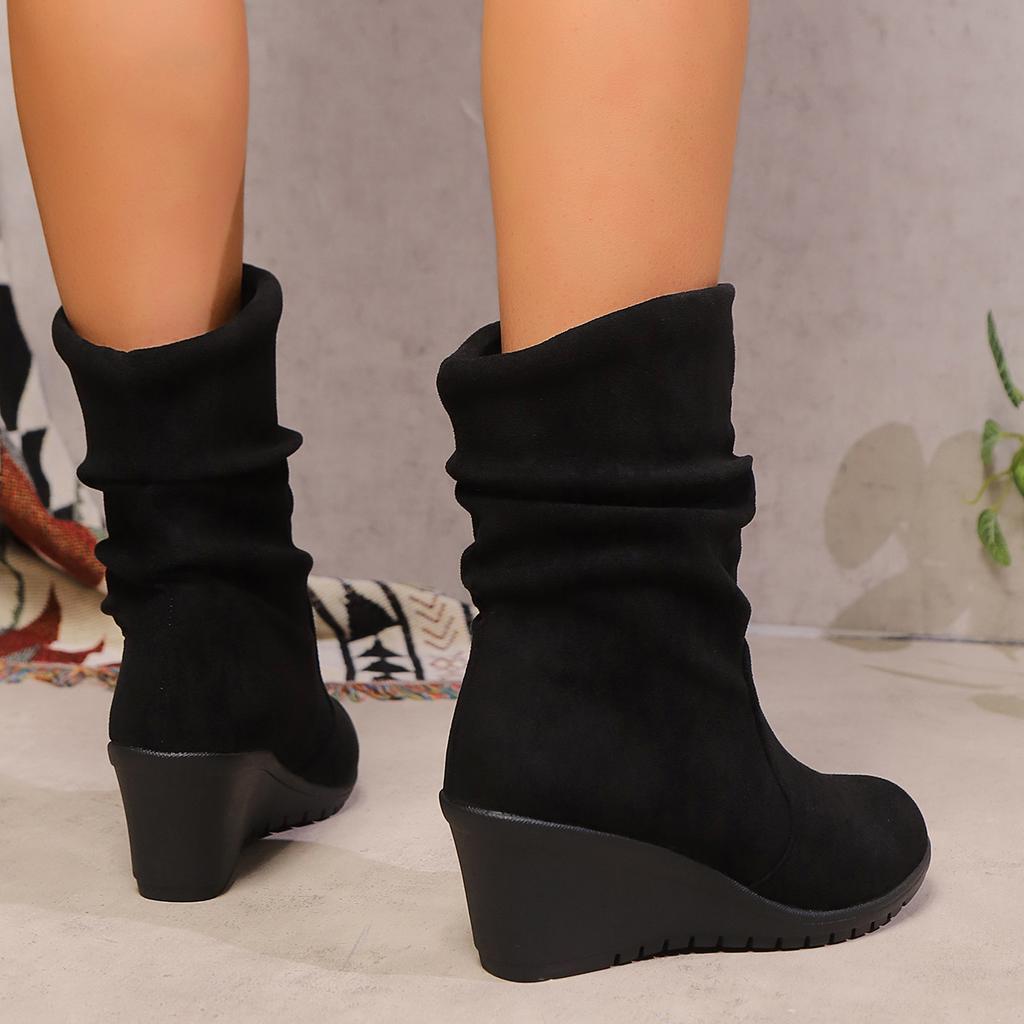 Large Size Wedge Heel Folded Medium Boots Autumn Thick-soled Suede Stacking Boots Women